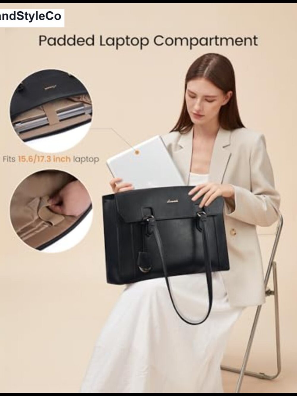 15.6in PU Leather Laptop Tote Bag Teacher Work Briefcase with Cup Holder - Picture 3 of 5